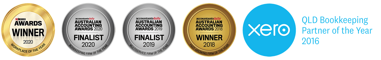 my business Awards Workplace of the Year winner 2020 · Australian Accounting Awards Bookkeeping Firm of the Year finalist 2020 · Multiservice Firm of the Year finalist 2019 · Fast-Growing Firm of the Year winner 2018 · Xero QLD Bookkeeping Partner of the Year 2016